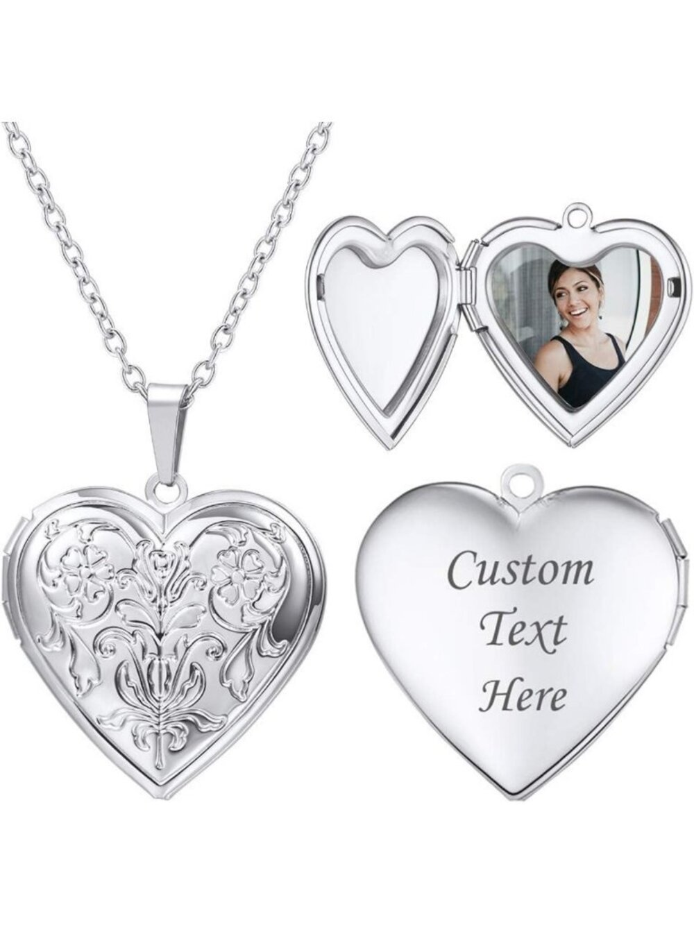 Personalized Heart Photo Locket Necklace - Custom Engraved Pendant, 20" Chain